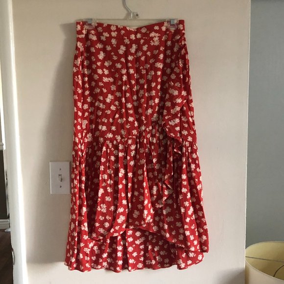 Madewell Dresses & Skirts - Madewell Red Midi Floral Skirt with Ruffle Detail